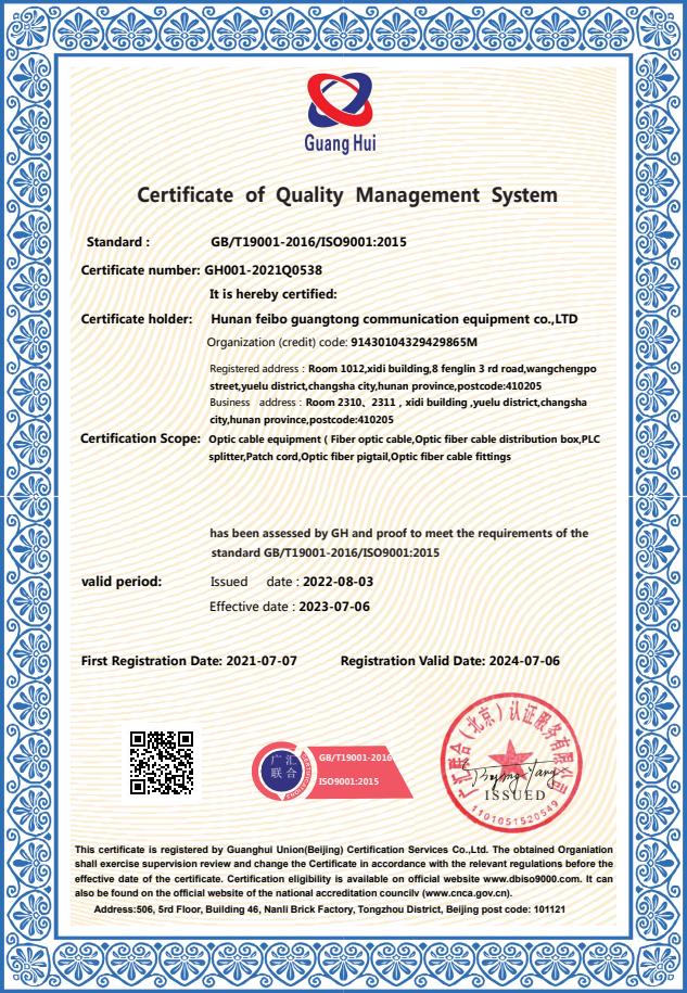 Certificate of Quality Management System